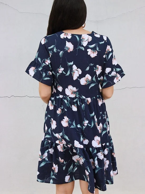 Nursing Queen Navy Floral Tiered Nursing Dress with Pink Blooms Size 2X - Picture 3 of 9